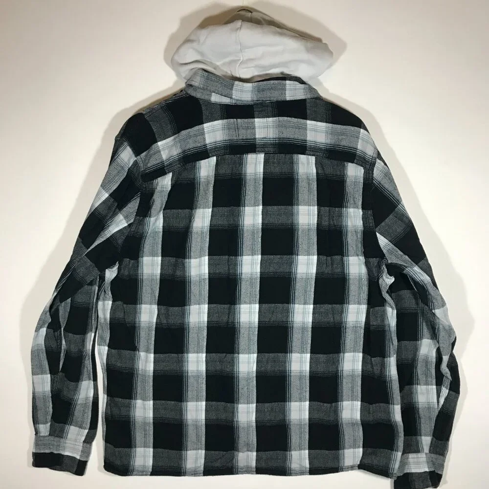 Hollister Men's XL Black Plaid Long Sleeve Button Up Hoodie Flannel Shirt - Picture 7 of 11